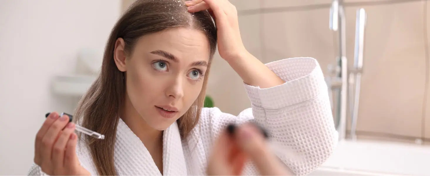 a lady appling anti dandruff hair oil on her head - dazze and blussh