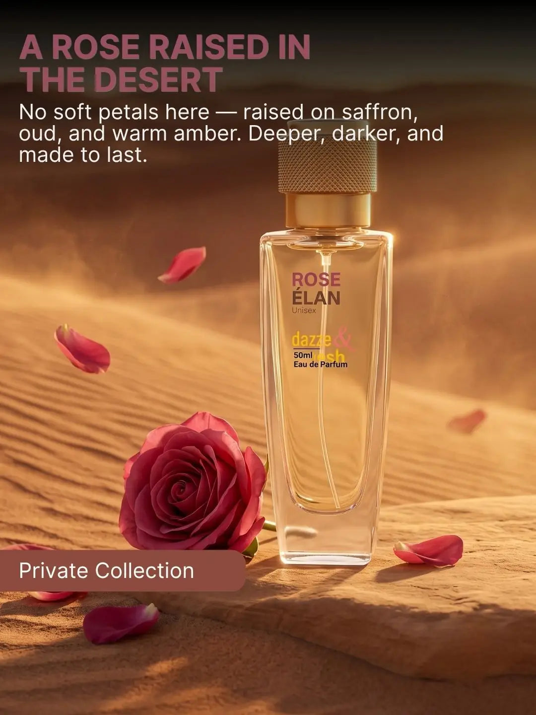 Rose Élan unisex perfume inspired by desert rose, saffron, oud and amber.
