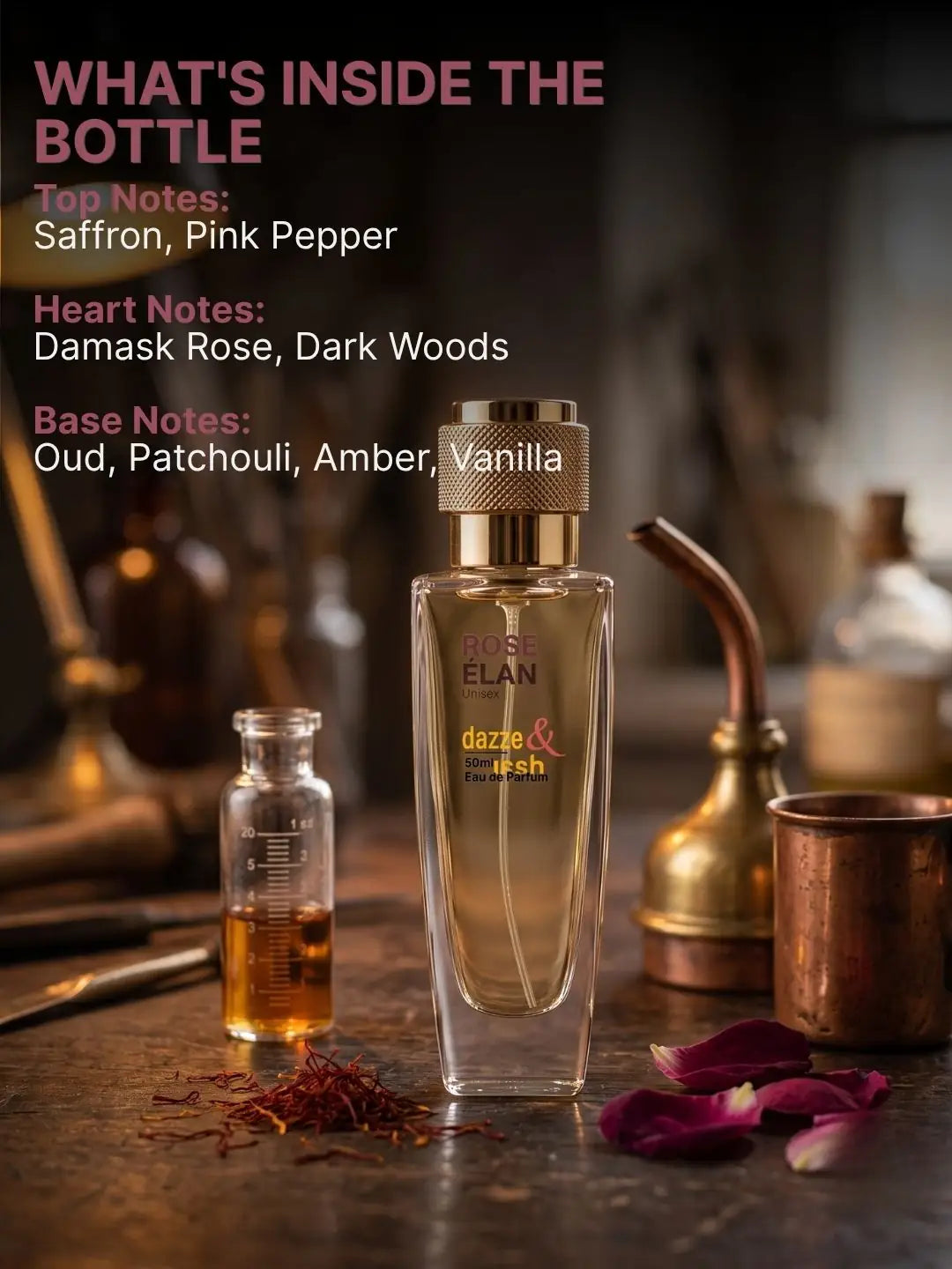 Rose Élan fragrance notes featuring saffron, pink pepper, Damask rose, oud, amber and vanilla.