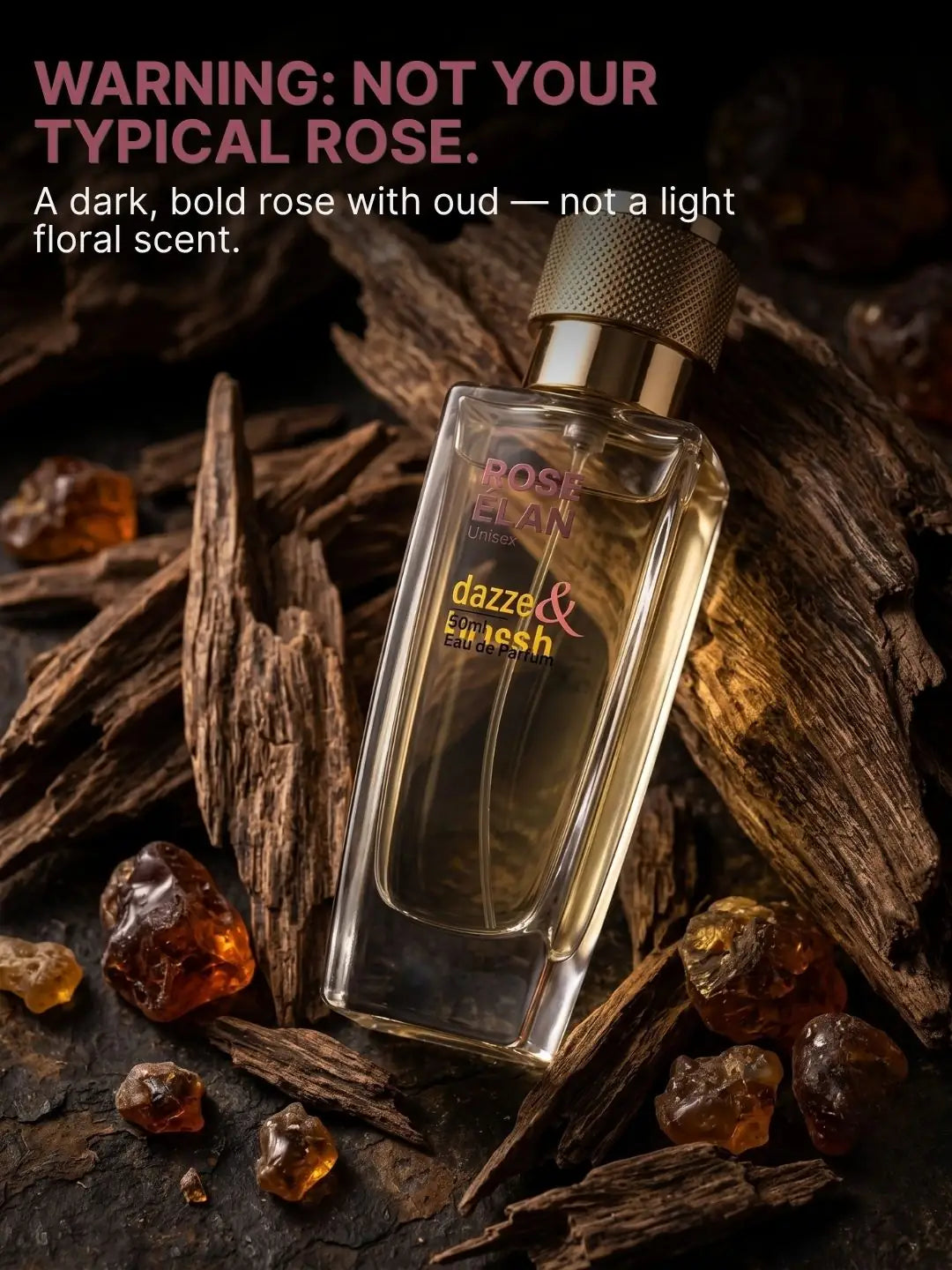Rose Élan bold rose oud perfume with rich woody notes and warm amber accord.