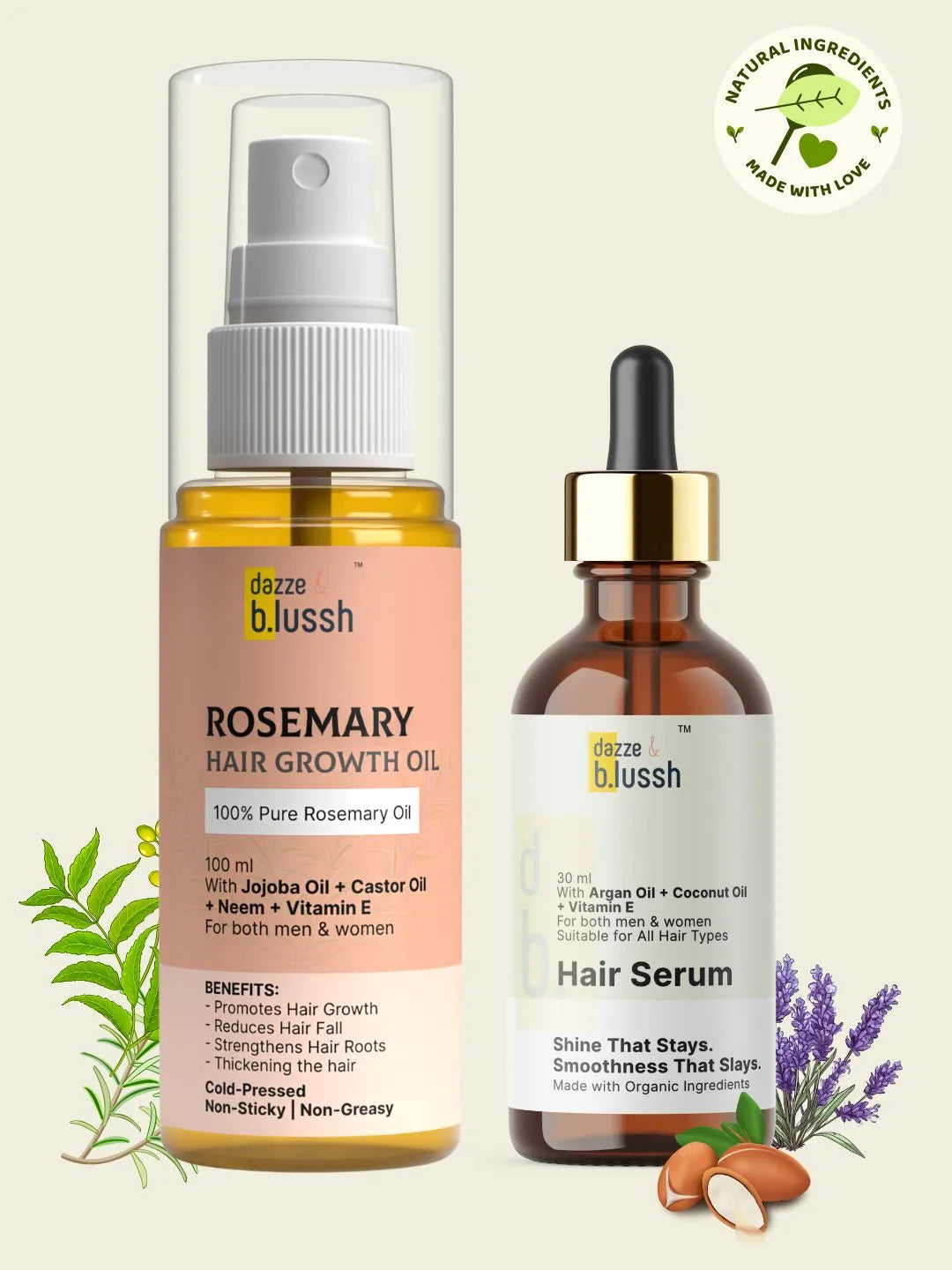Set of 2 – Pure Rosemary Hair Growth Oil + Hair Serum | Boosts Hair Growth, Reduces Hair Fall, Controls Frizz & Adds Shine
